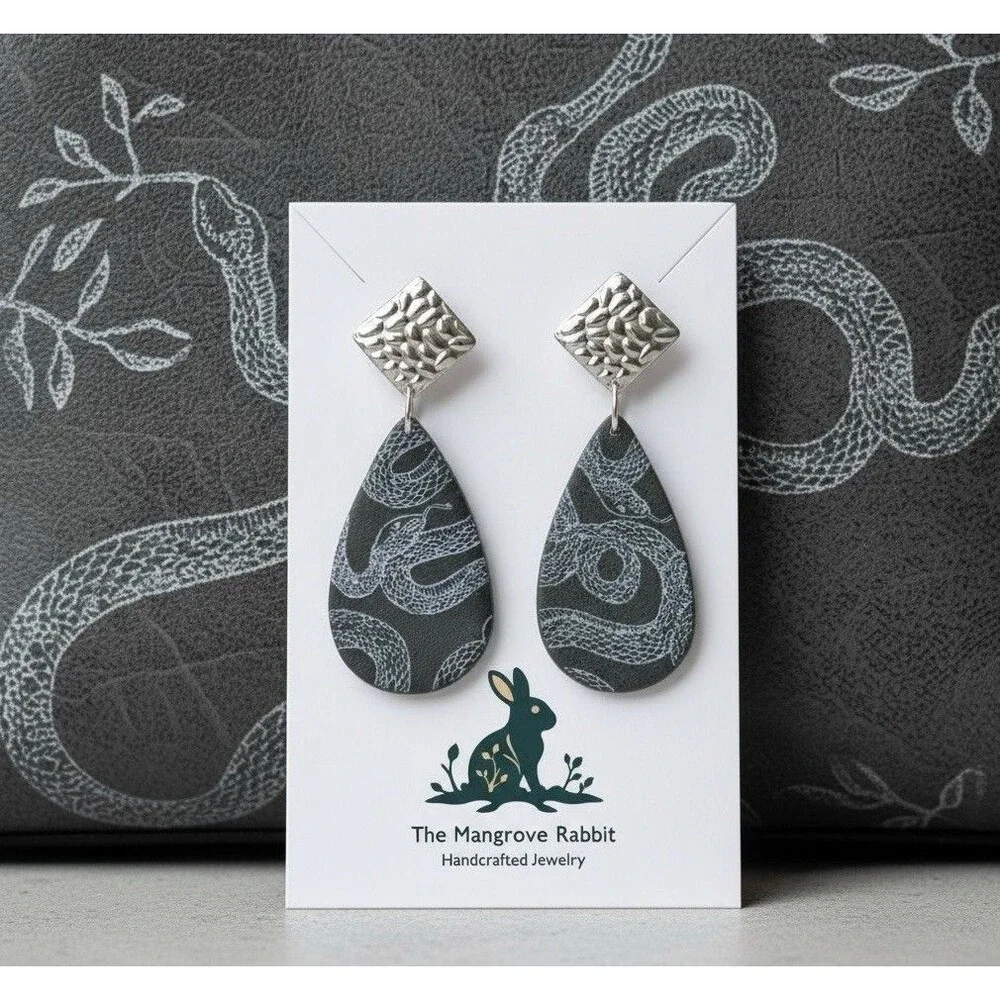 Polymer Clay Lg Dangle Earrings Black Silver Snake Animal Print Handmade SS Post